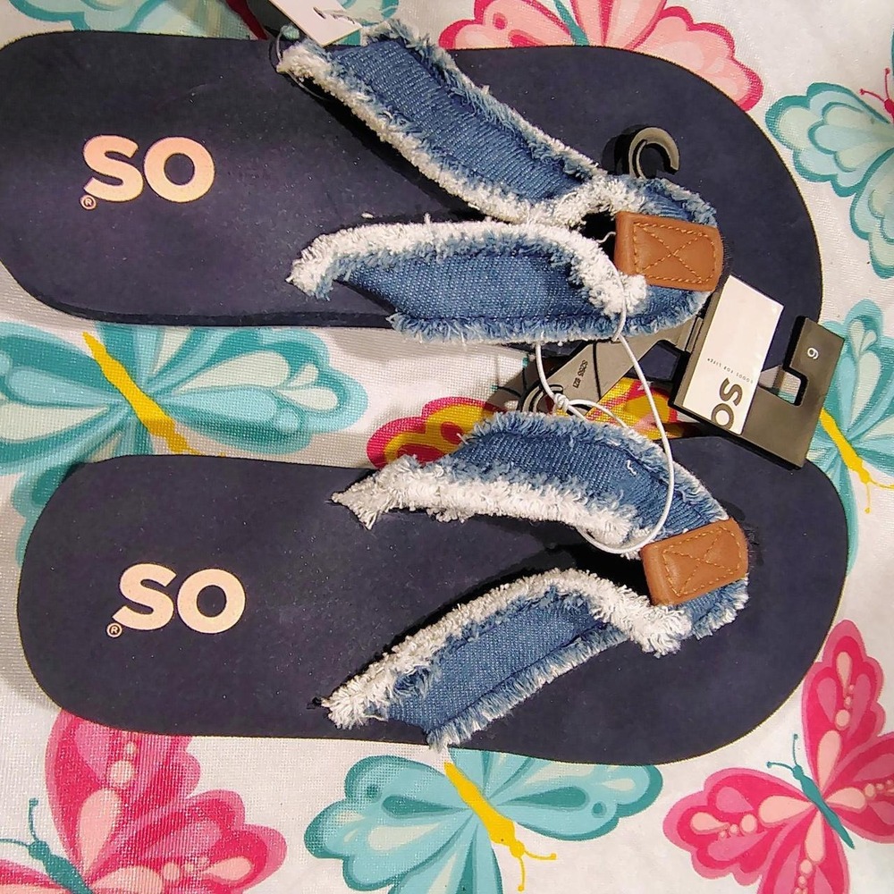 SO Womens Denim Frayed Flip Flops Navy Blue Distressed Thong Sandals Size 9 NEW